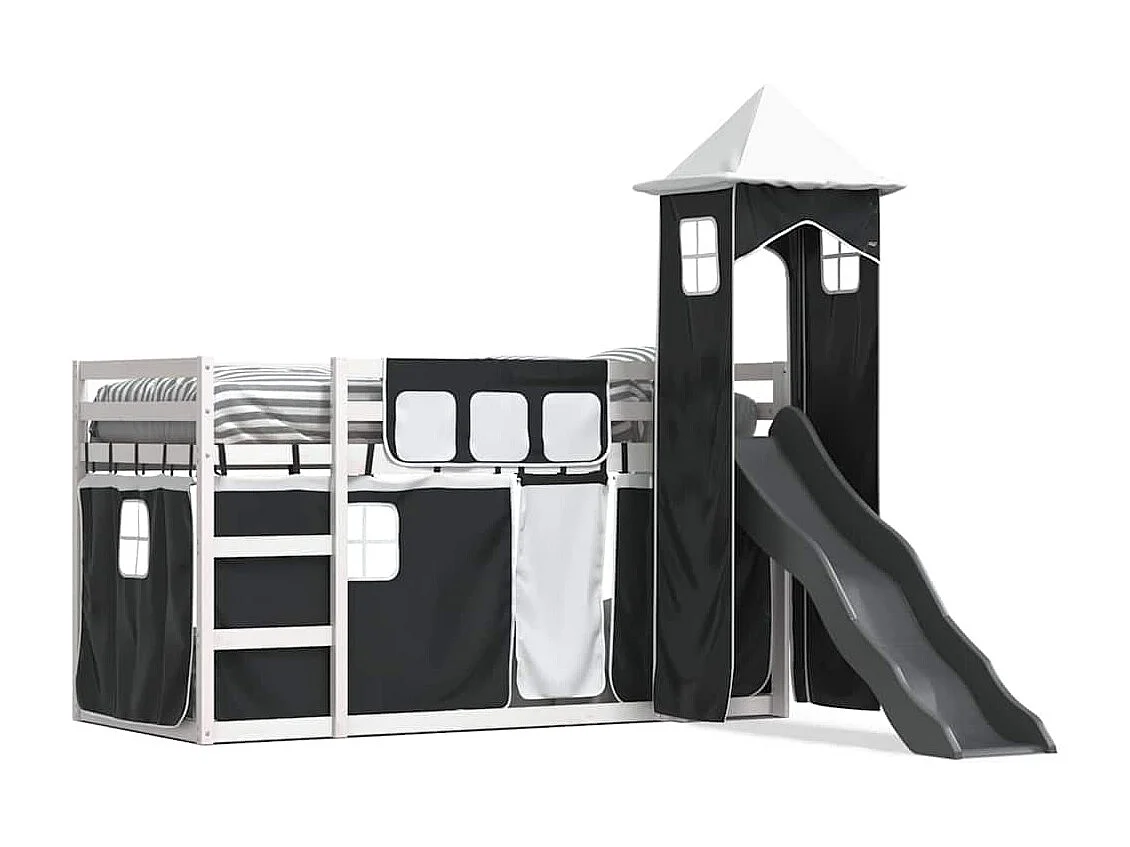 Lit superposé sans matelas avec toboggan blanc noir 90x190 cm