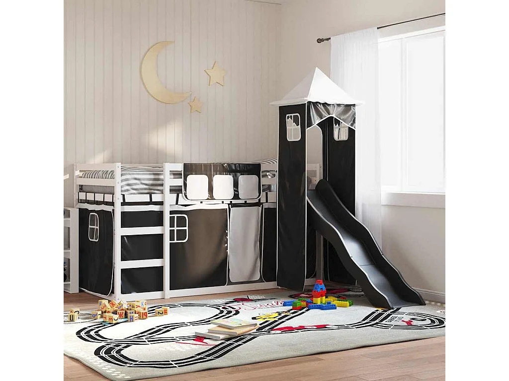 Lit superposé sans matelas avec toboggan blanc noir 90x190 cm