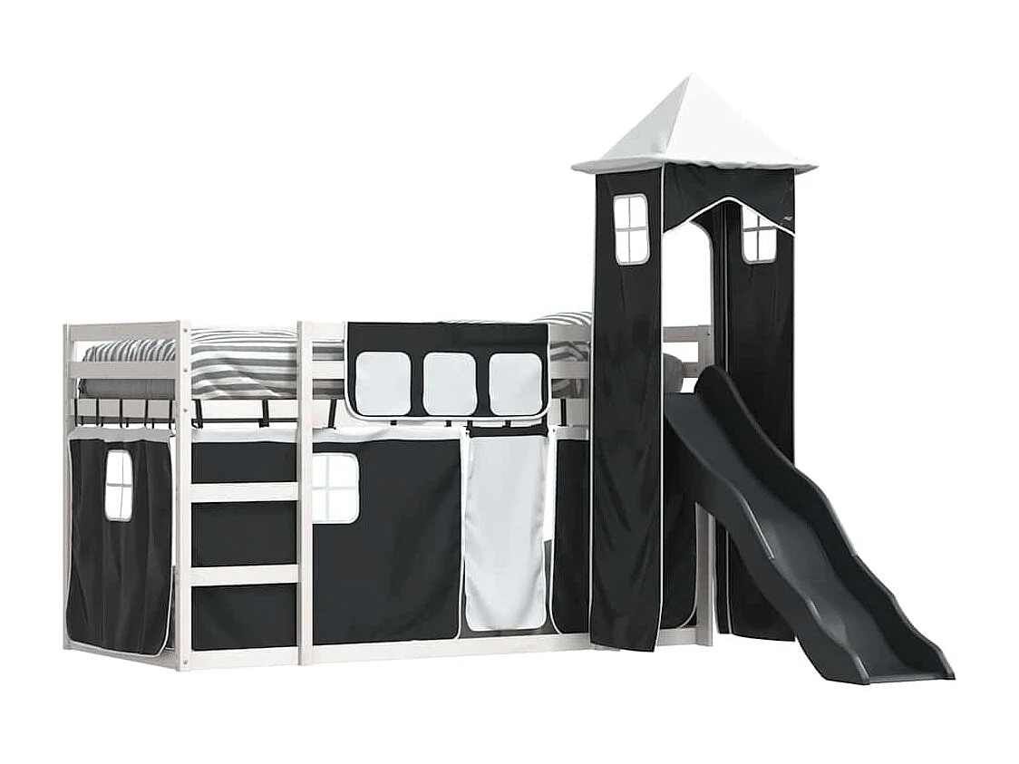 Lit superposé sans matelas avec toboggan blanc noir 90x190 cm