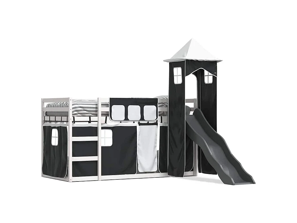 Lit superposé sans matelas avec toboggan blanc noir 90x190 cm