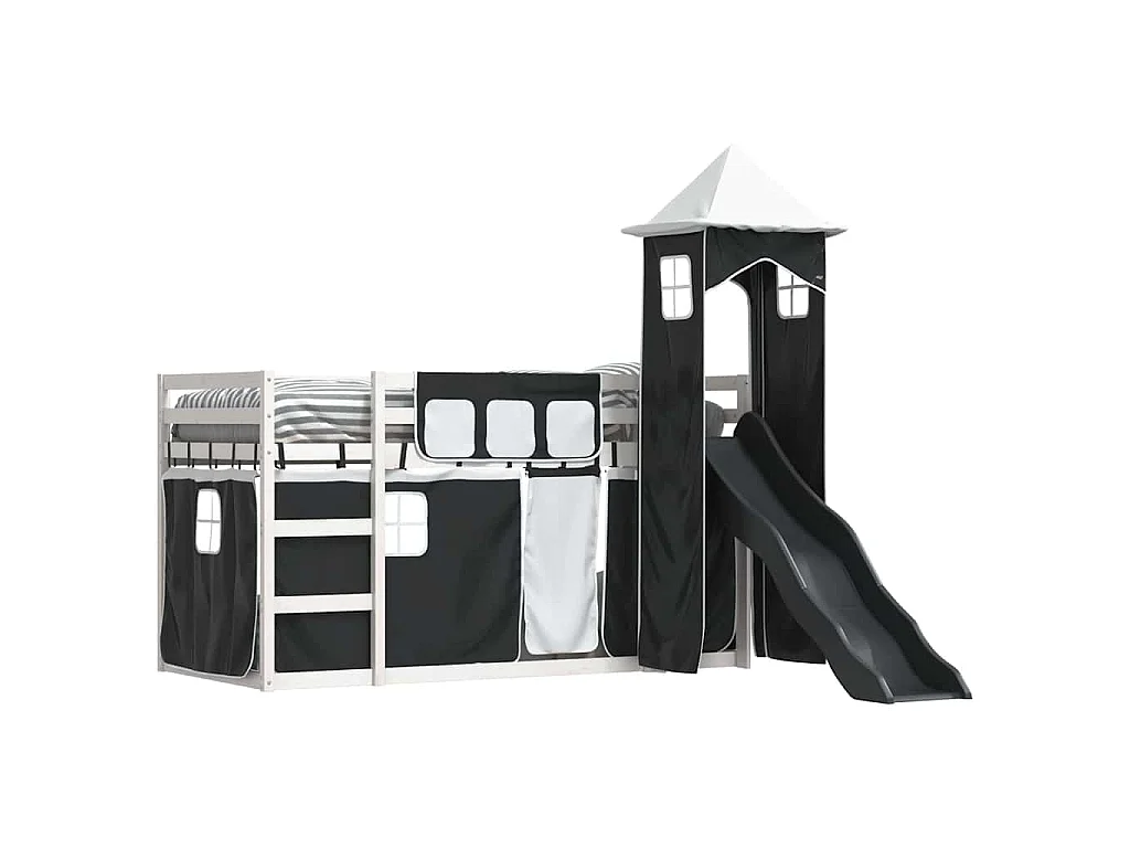 Lit superposé sans matelas avec toboggan blanc noir 90x190 cm