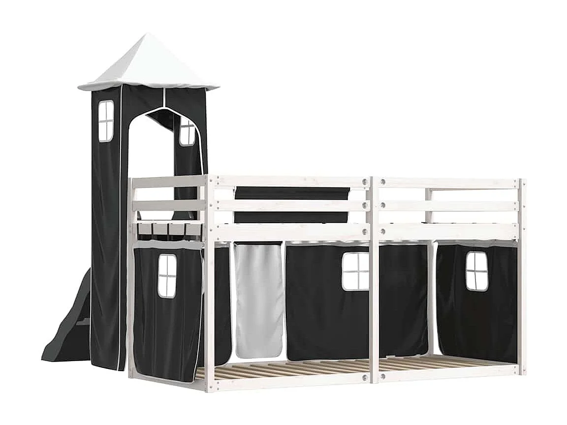 Lit superposé sans matelas avec toboggan blanc noir 90x190 cm