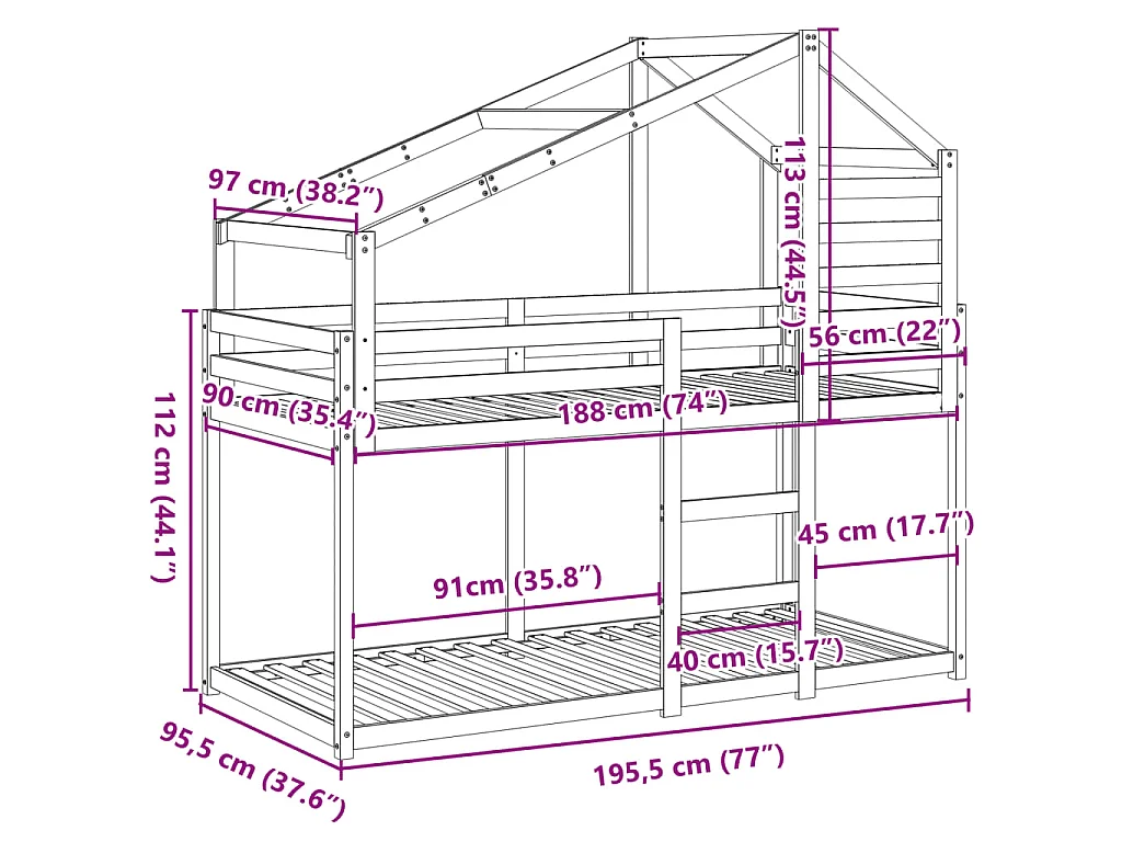 Letto a Castello con Tetto Marrone Cera 90x190 cm Massello Pino
