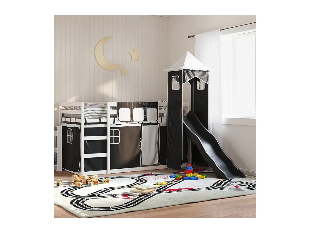 Lit superposé sans matelas avec toboggan blanc noir 80x200 cm