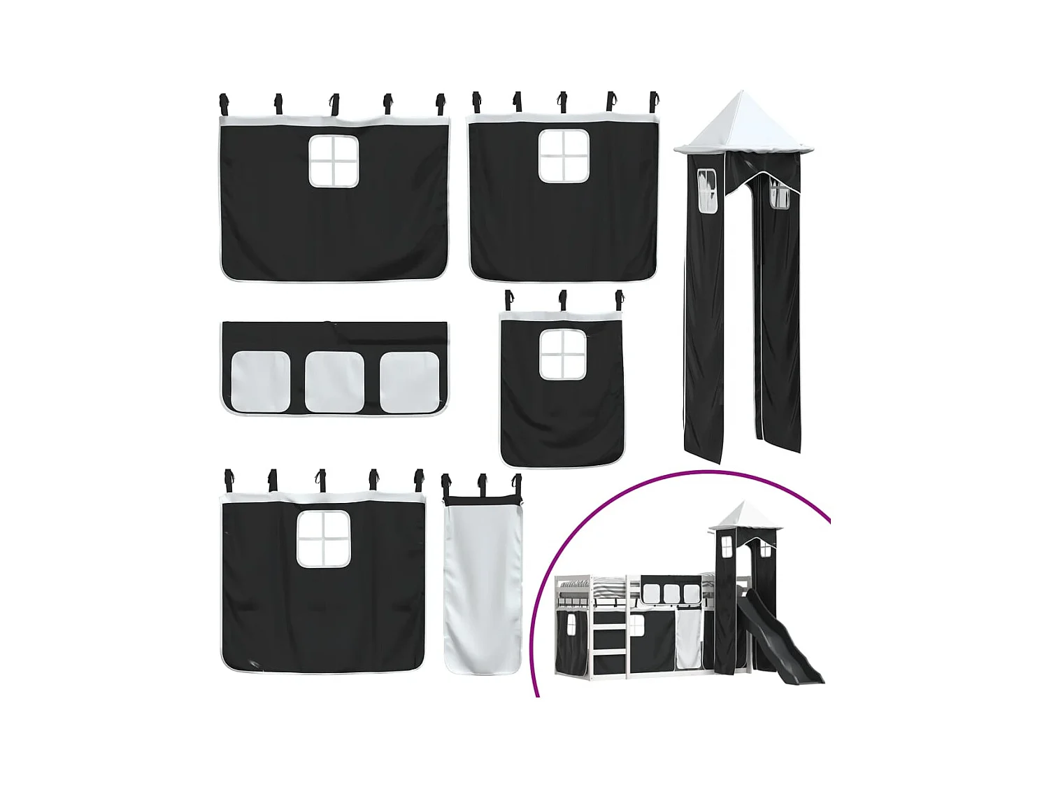 Lit superposé sans matelas avec toboggan blanc noir 80x200 cm