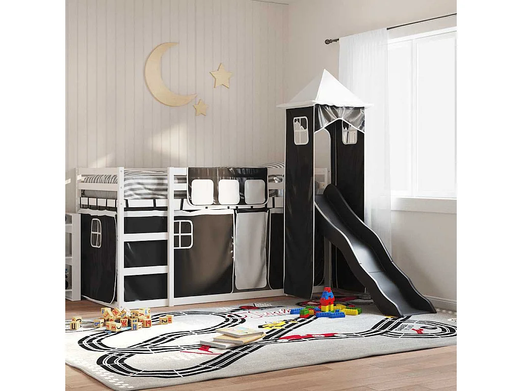 Lit superposé sans matelas avec toboggan blanc noir 80x200 cm