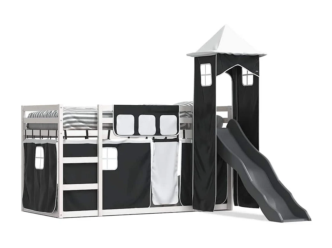 Lit superposé sans matelas avec toboggan blanc noir 80x200 cm