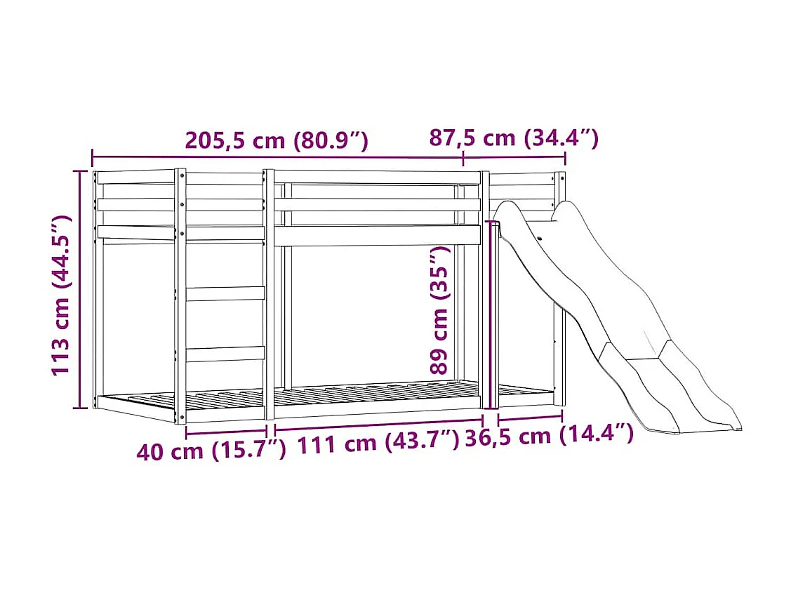 Lit superposé sans matelas avec toboggan blanc noir 80x200 cm