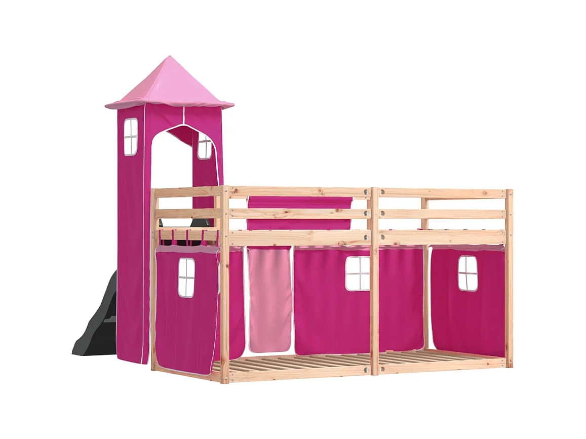 Stapelbed met glijbaan en gordijnen roze 80x200 cm