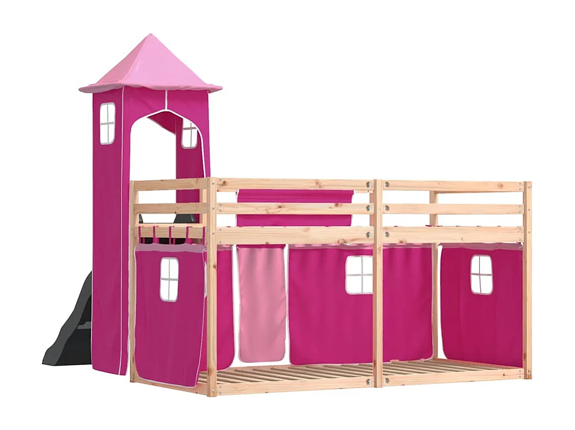 Litera con tobogán y cortinas rosa 80x200 cm
