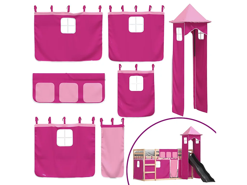 Lit superposé sans matelas avec toboggan et rideaux 80x200 cm