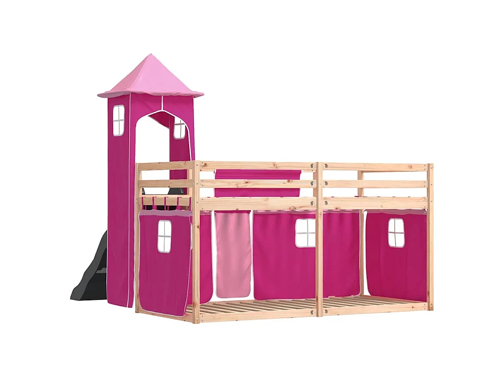 Lit superposé sans matelas avec toboggan et rideaux 80x200 cm