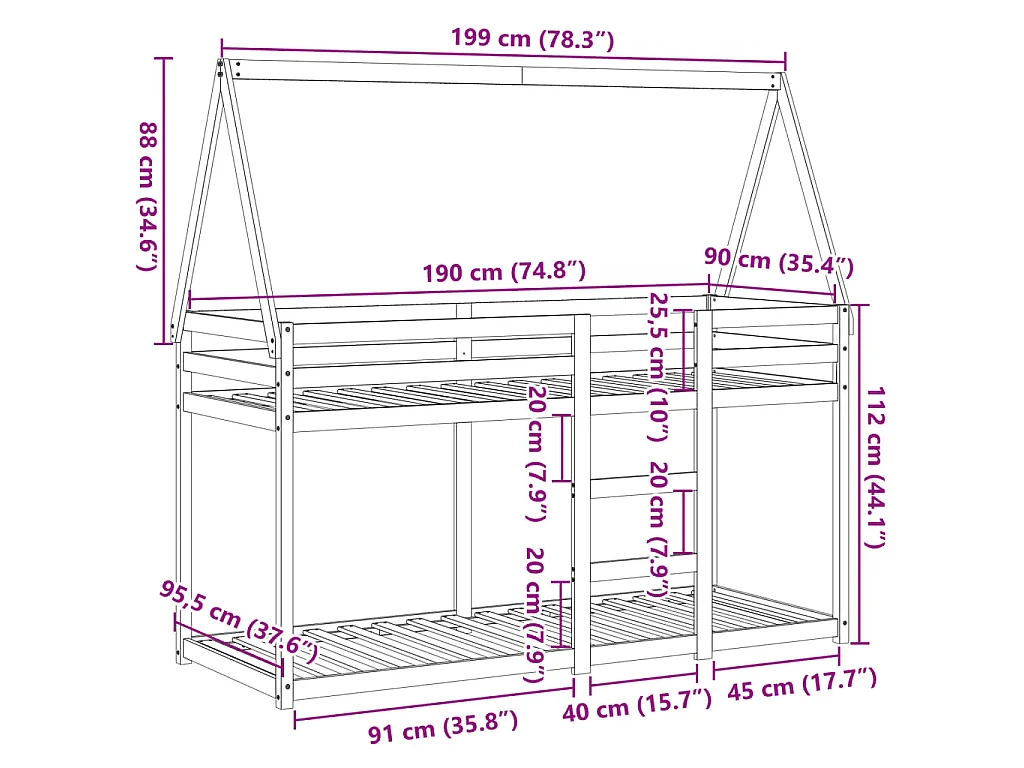 Lit superposé sans matelas blanc 90x190 cm bois de pin massif