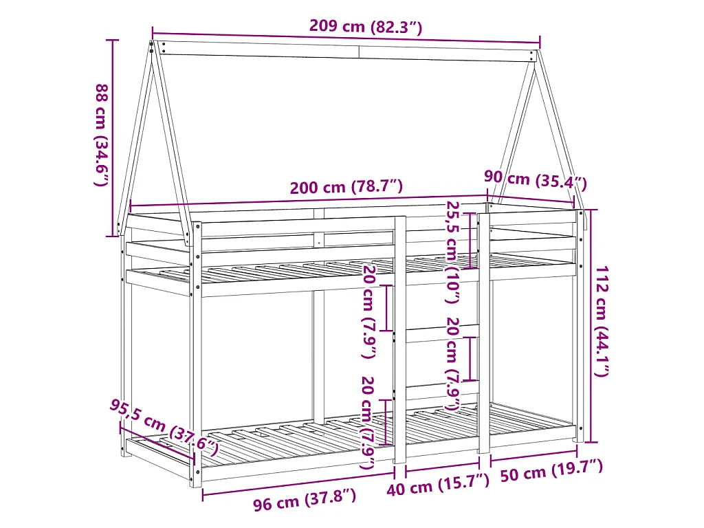 Etagenbett mit Dach Wachsbraun 80x200 cm Massivholz Kiefer