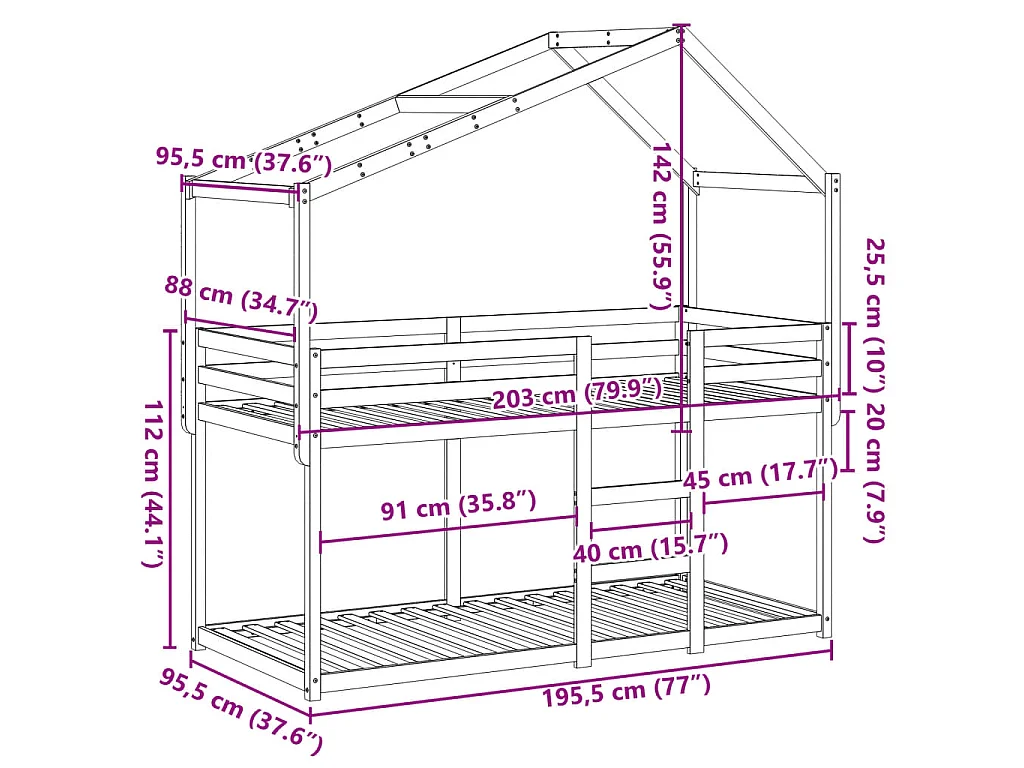 Letto a Castello senza Materasso Bianco 90x190cm Massello Pino