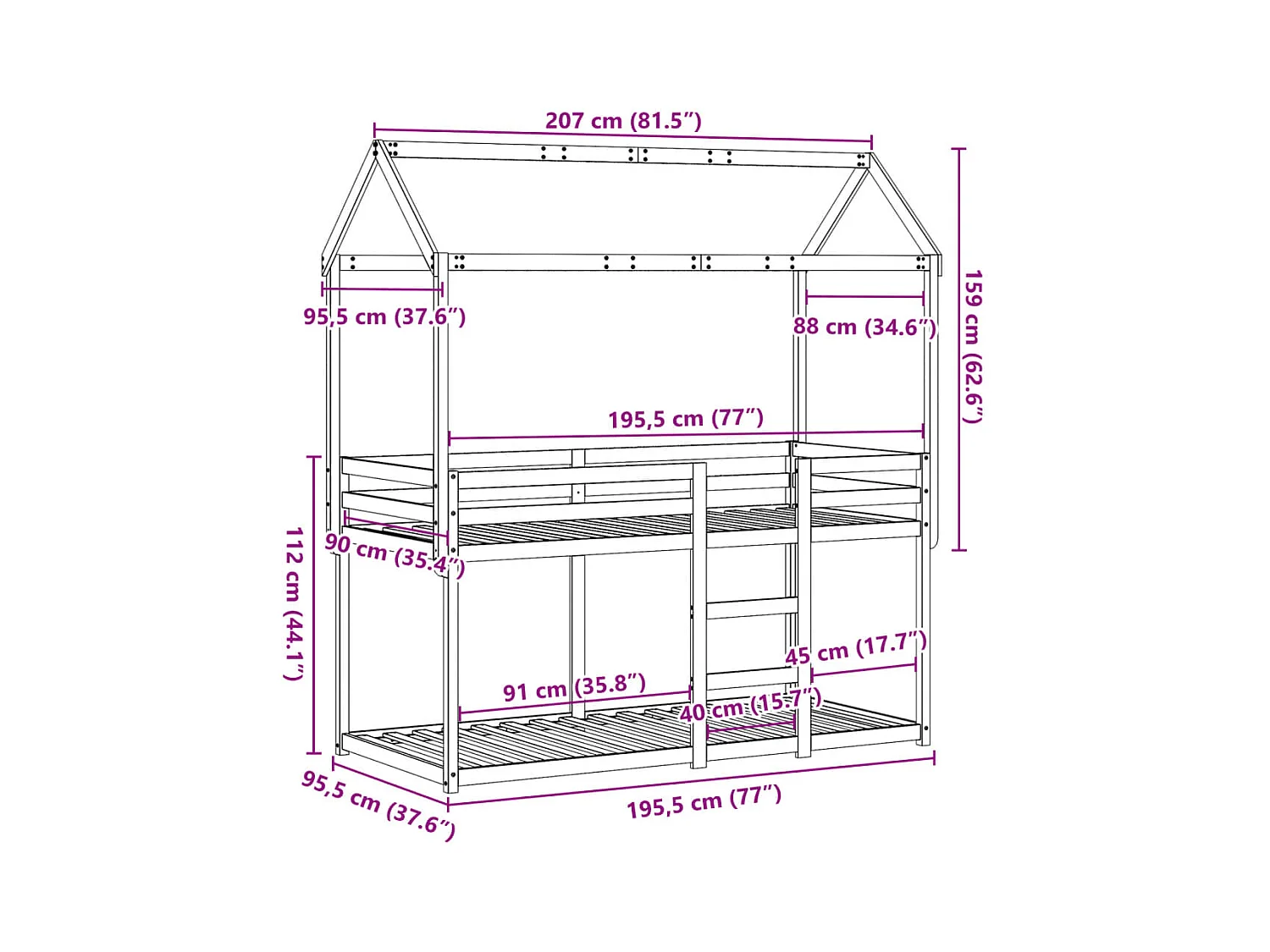 Lit superposé sans matelas 90x190 cm bois de pin massif