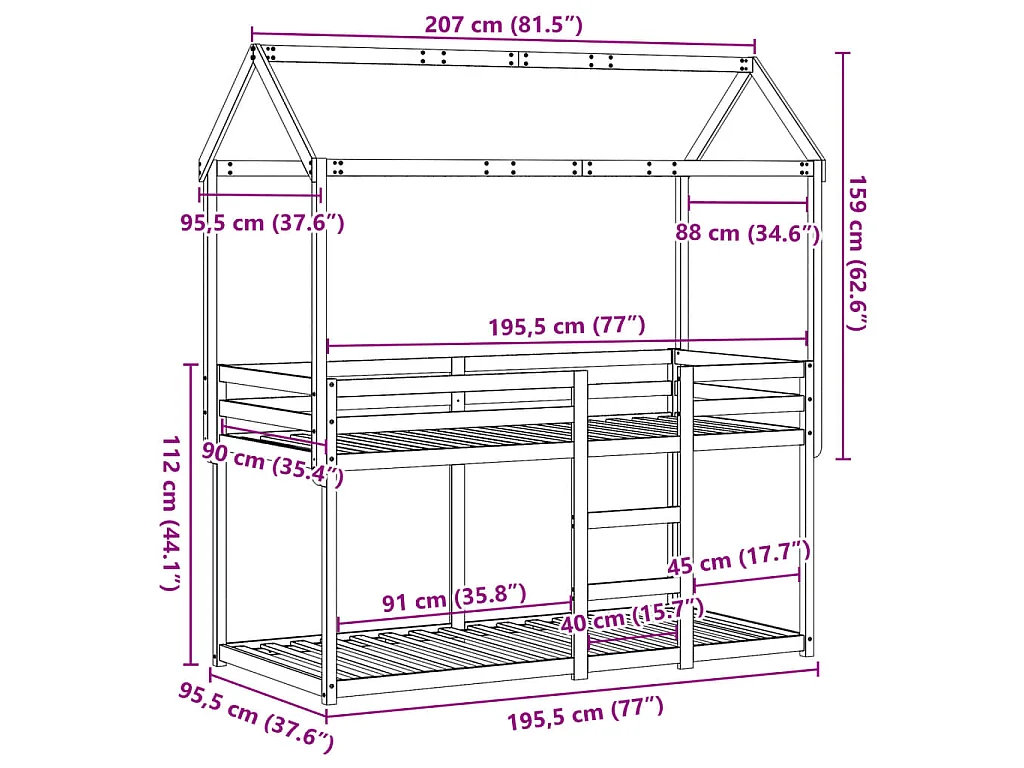 Lit superposé sans matelas 90x190 cm bois de pin massif
