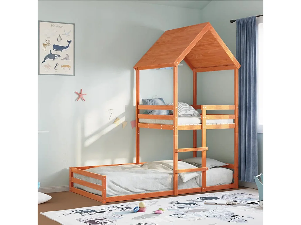 Letto a Castello con Tetto Marrone Cera 90x190 cm Massello Pino