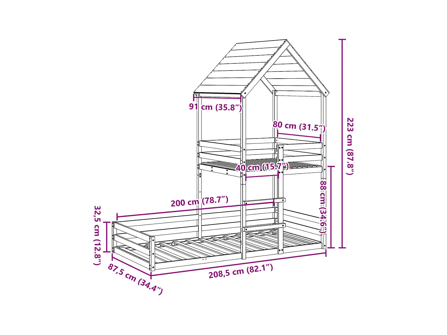 Lit superposé sans matelas 80x200 cm bois de pin massif