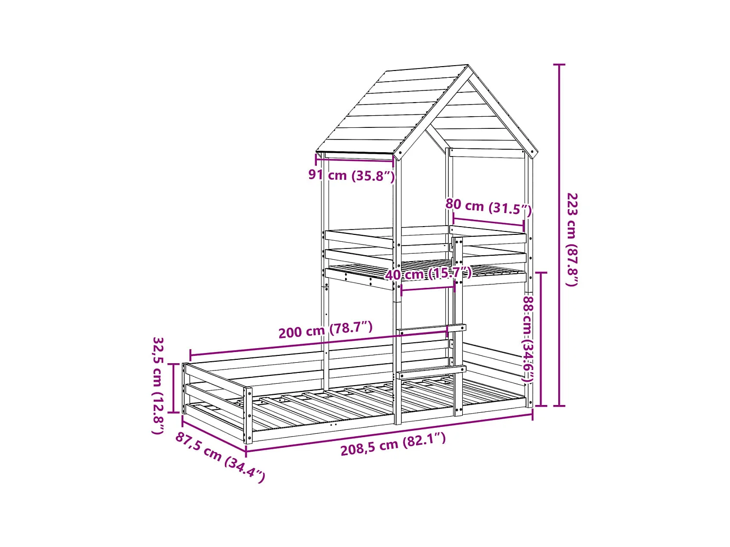 Lit superposé sans matelas 80x200 cm bois de pin massif