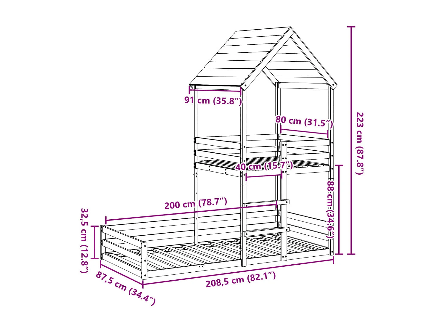 Lit superposé sans matelas 80x200 cm bois de pin massif