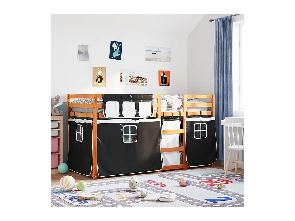 Etagenbett mit Vorhängen Weiß & Schwarz 90x190 cm Kiefernholz