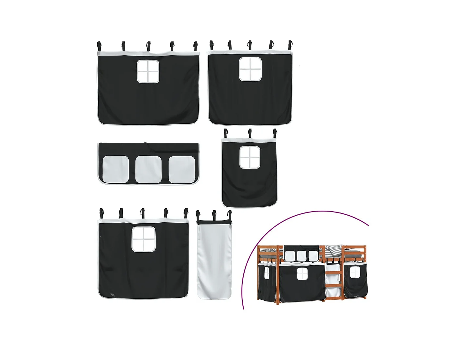 Etagenbett mit Vorhängen Weiß & Schwarz 90x190 cm Kiefernholz