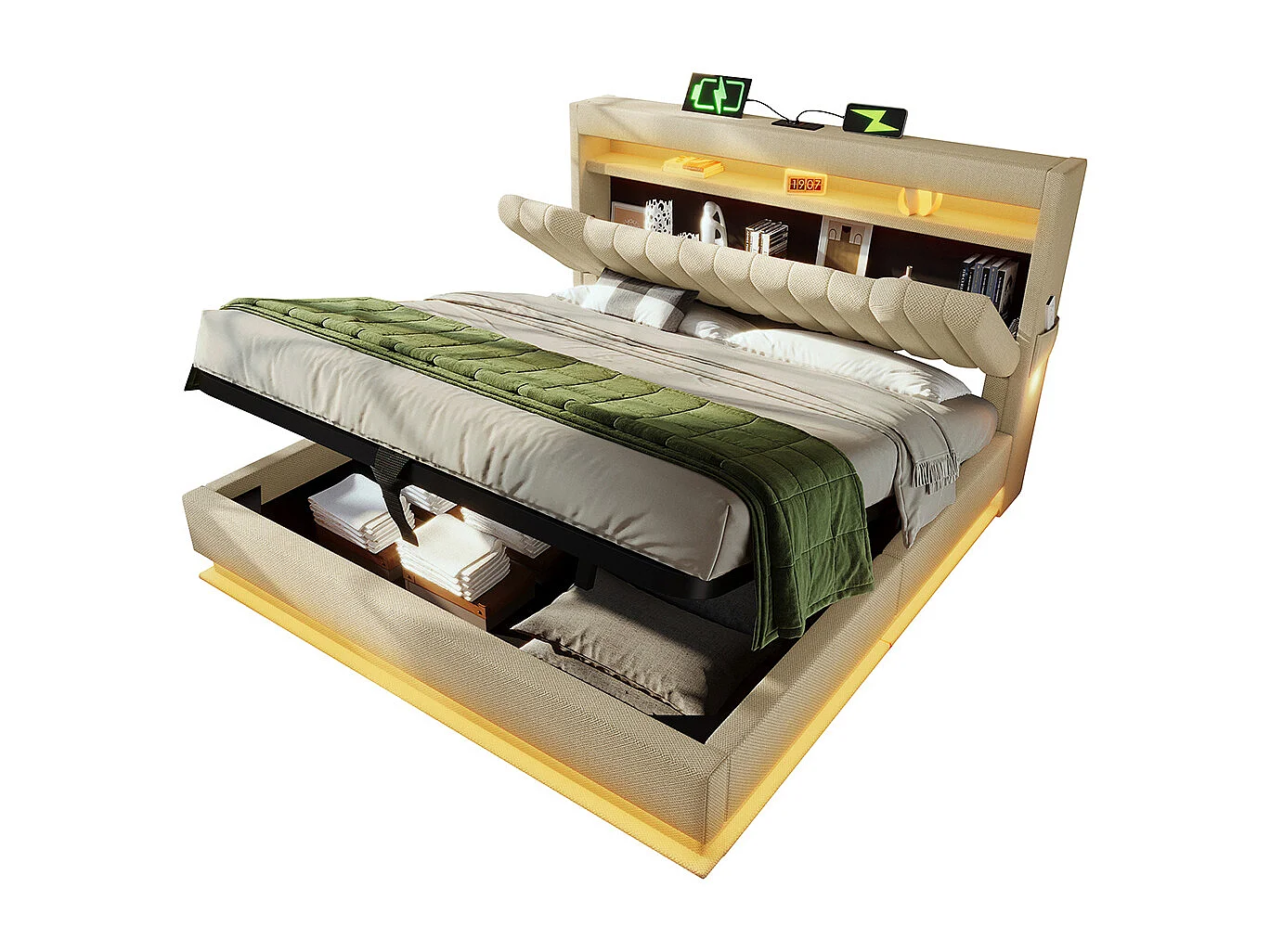 Opbergbed 140x200 met hoofdeinde met opbergruimte en USB- en Type-C-poortenLED-verlichting aan het hoofd- en voeteneindebeige linnen met matras