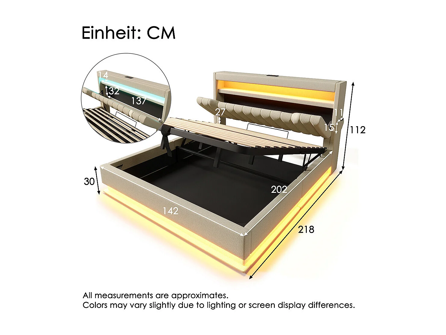 Opbergbed 140x200 met hoofdeinde met opbergruimte en USB- en Type-C-poortenLED-verlichting aan het hoofd- en voeteneindebeige linnen met matras