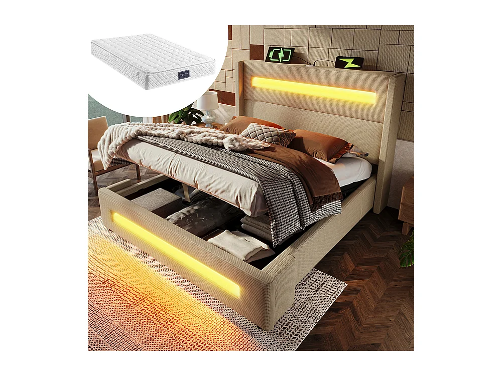 Lit coffre rembourré 140x200 avec LED lit avec espace de rangement hydraulique et recharge USB Type-C cadre de lit en métal lin beige avec matelas