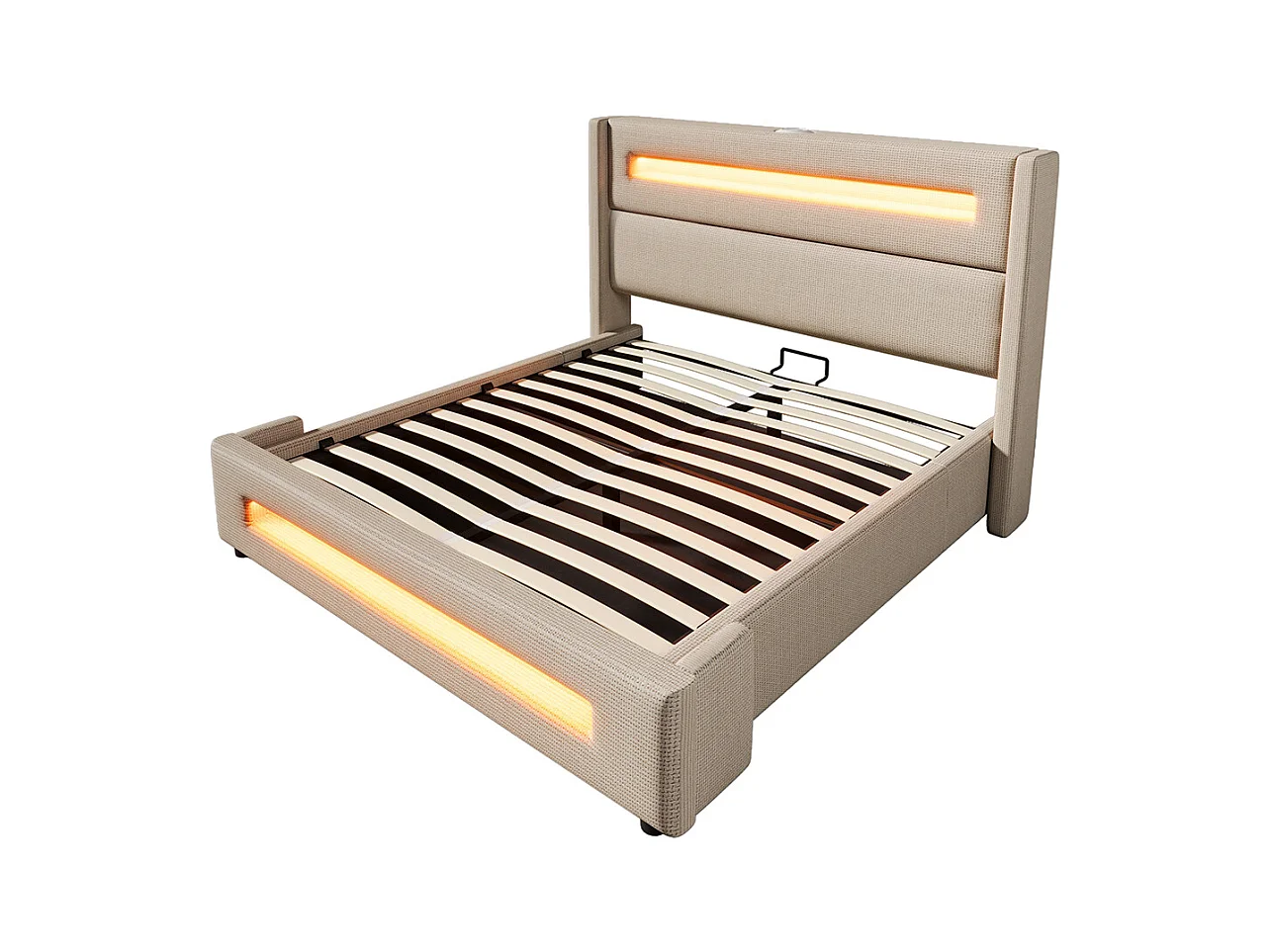 Lit coffre rembourré 140x200 avec LED lit avec espace de rangement hydraulique et recharge USB Type-C cadre de lit en métal lin beige avec matelas