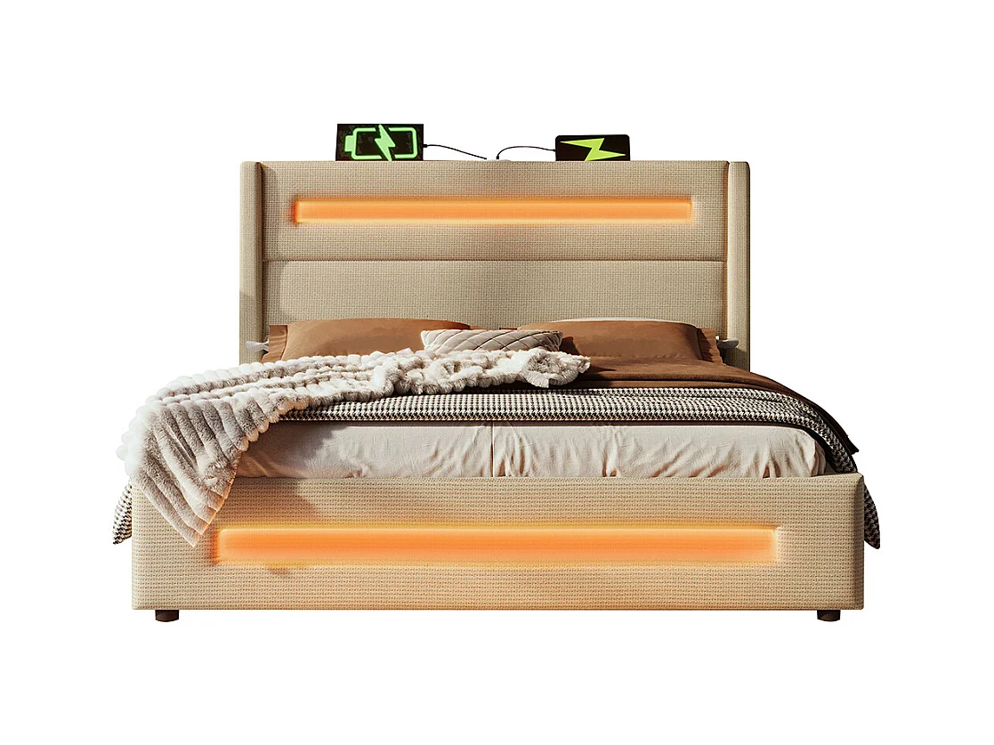 Lit coffre rembourré 140x200 avec LED lit avec espace de rangement hydraulique et recharge USB Type-C cadre de lit en métal lin beige avec matelas