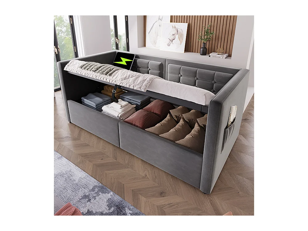 Lit coffre rembourré 90x190 canapé-lit simple avec espace de rangement hydraulique et station de recharge USB et Type-C lit en bois velours gris