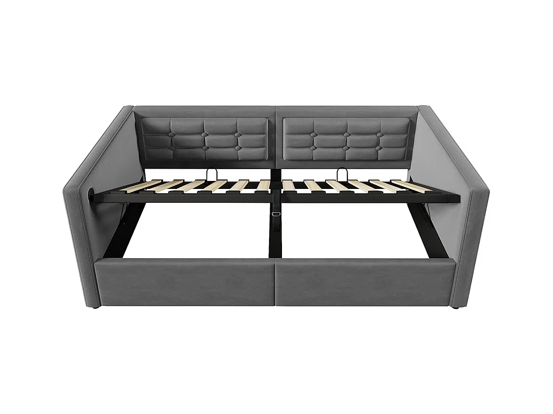 Lit coffre rembourré 90x190 canapé-lit simple avec espace de rangement hydraulique et station de recharge USB et Type-C lit en bois velours gris