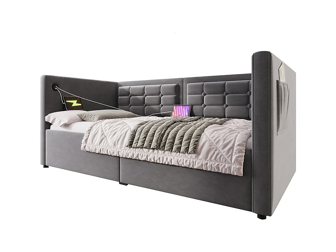 Lit coffre rembourré 90x190 canapé-lit simple avec espace de rangement hydraulique et station de recharge USB et Type-C lit en bois velours gris