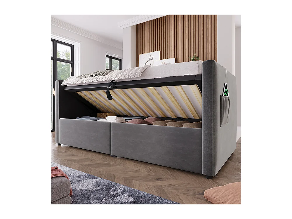 Lit coffre rembourré 90x190 canapé-lit simple avec espace de rangement hydraulique et station de recharge USB et Type-C lit en bois velours gris