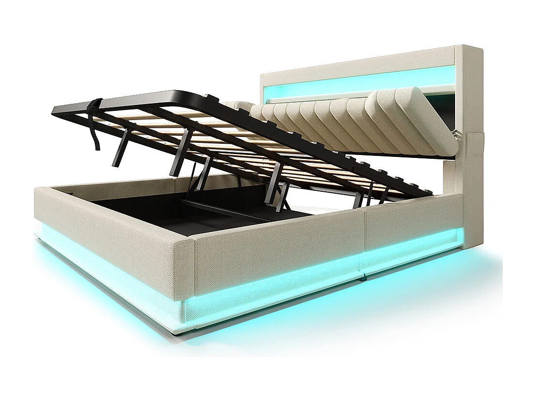 Opbergbed 180x200 hoofdeinde met opbergruimte en USB- en Type-C-poorten LED-verlichting aan het hoofdeinde en voeteneinde van het bed beige linnen