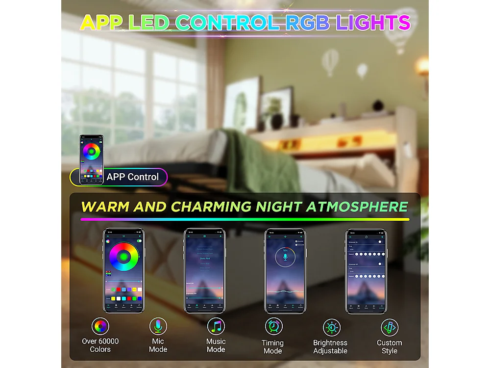 Opbergbed 180x200 hoofdeinde met opbergruimte en USB- en Type-C-poorten LED-verlichting aan het hoofdeinde en voeteneinde van het bed beige linnen