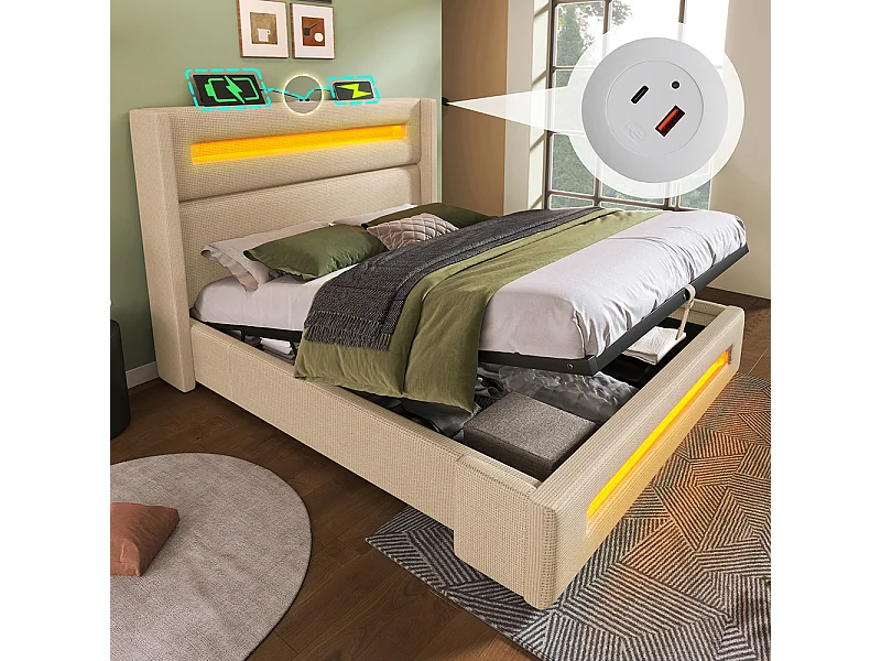 Opbergbed 140x200 met ledverlichtinghydraulische opbergruimte en USB-oplader type Cmetalen bedframe in linnen beige