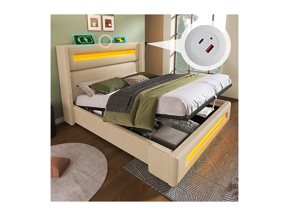 Lit coffre rembourré 140x200 avec LED lit avec espace de rangement hydraulique et recharge USB Type-C cadre de lit en métal lin beige