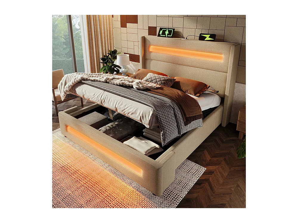 Lit coffre rembourré 140x200 avec LED lit avec espace de rangement hydraulique et recharge USB Type-C cadre de lit en métal lin beige