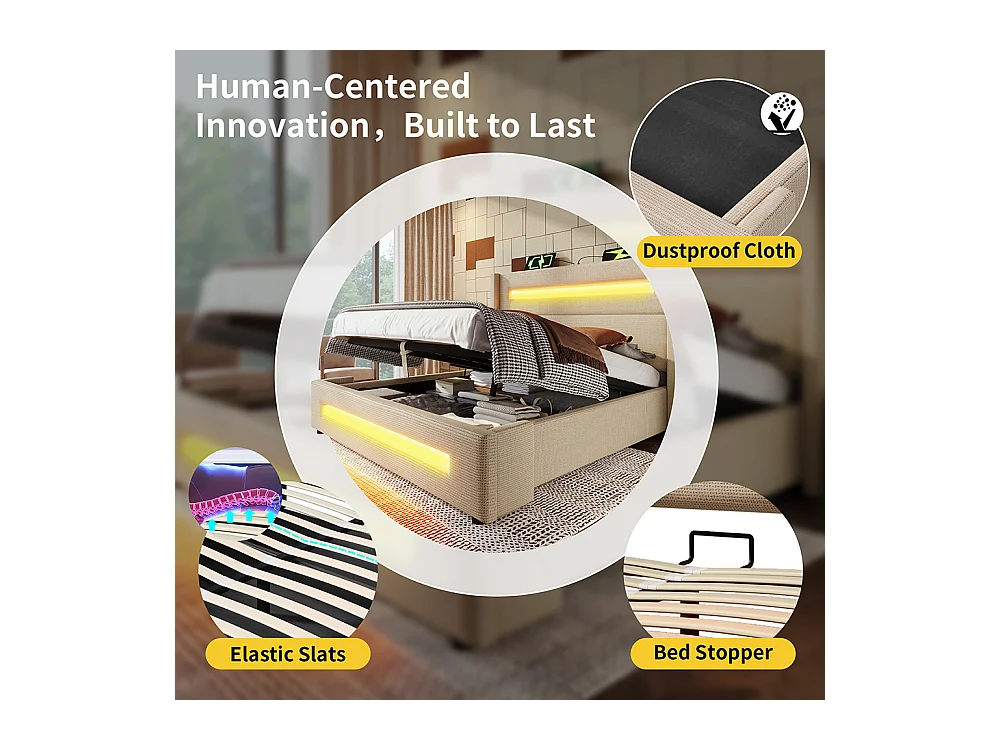 Lit coffre rembourré 140x200 avec LED lit avec espace de rangement hydraulique et recharge USB Type-C cadre de lit en métal lin beige
