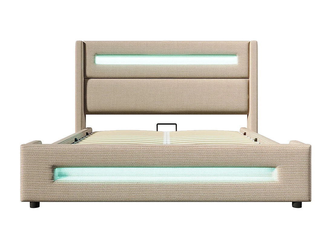 Opbergbed 140x200 met ledverlichtinghydraulische opbergruimte en USB-oplader type Cmetalen bedframe in linnen beige