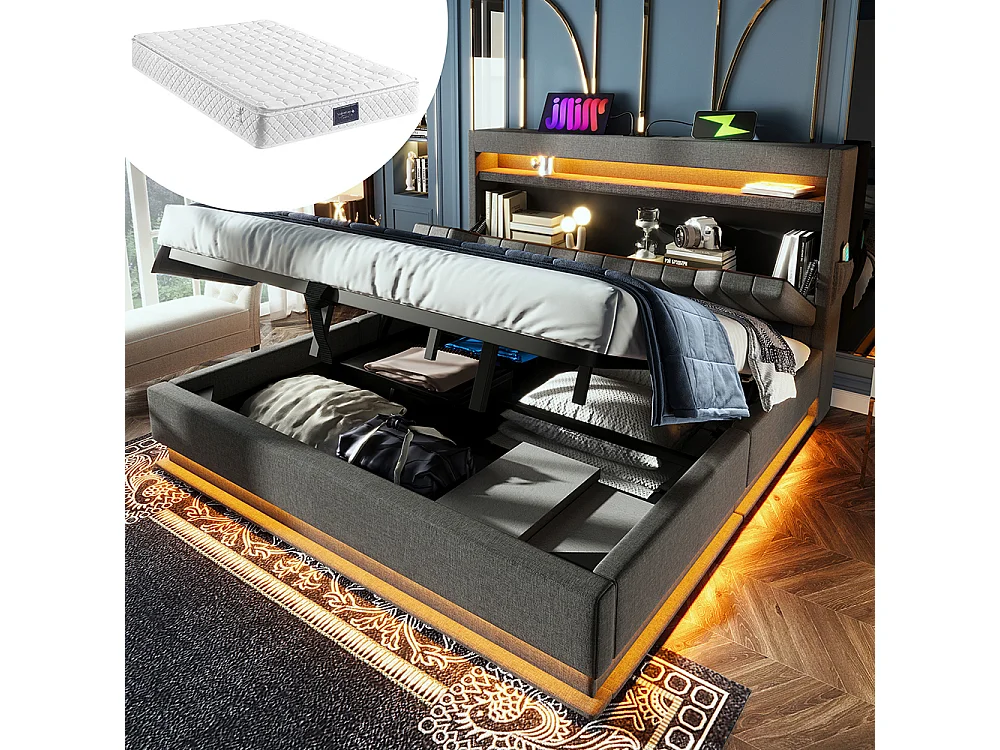 Opbergbed met bekleding 160x200 met opbergruimte en USB- en Type-C-poortenledverlichting aan het hoofd- en voeteneindegrijs linnen met matras