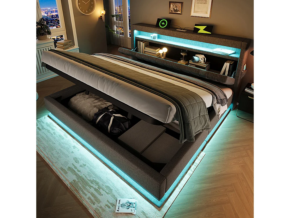 Opbergbed met bekleding 160x200 met opbergruimte en USB- en Type-C-poortenledverlichting aan het hoofd- en voeteneindegrijs linnen met matras