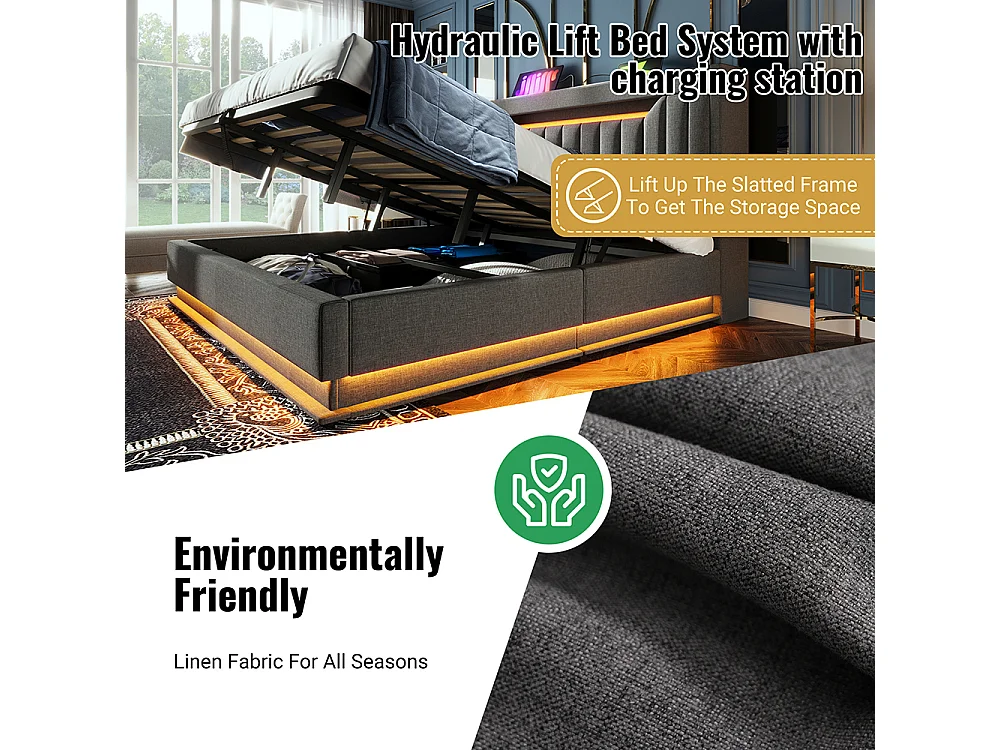 Opbergbed met bekleding 160x200 met opbergruimte en USB- en Type-C-poortenledverlichting aan het hoofd- en voeteneindegrijs linnen met matras