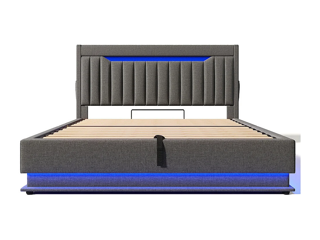 Opbergbed 140x200 hoofdeinde met opbergruimte en USB- en Type-C-poorten LED-verlichting aan het hoofdeinde en voeteneinde van het bed grijs linnen