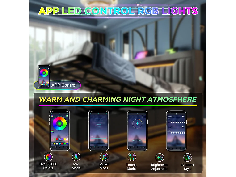 Opbergbed 140x200 hoofdeinde met opbergruimte en USB- en Type-C-poorten LED-verlichting aan het hoofdeinde en voeteneinde van het bed grijs linnen