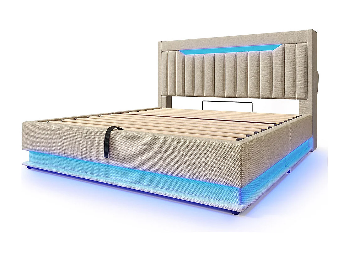 Opbergbed 160x200 met hoofdeinde met opbergruimte en USB- en Type-C-poortenLED-verlichting aan het hoofdeinde en voeteneindebeige linnen