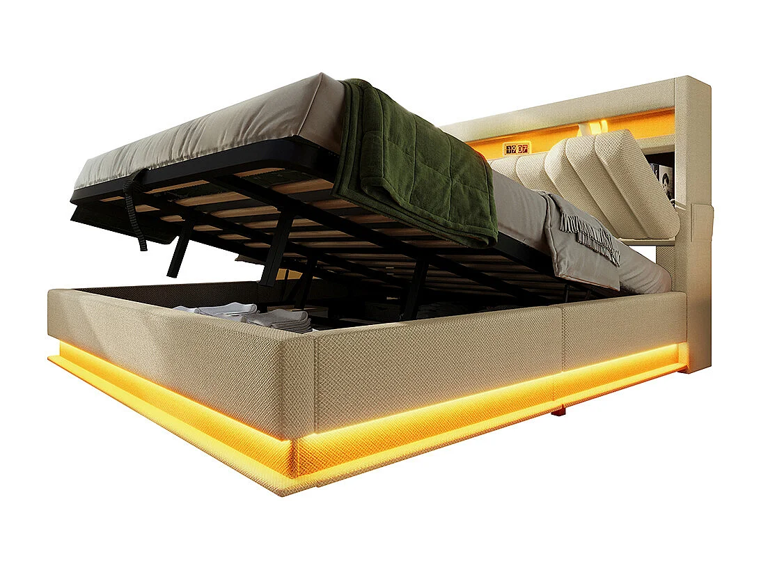 Opbergbed 140x200 hoofdeinde met opbergruimte en USB- en Type-C-poorten LED-verlichting aan het hoofdeinde en voeteneinde van het bed beige linnen